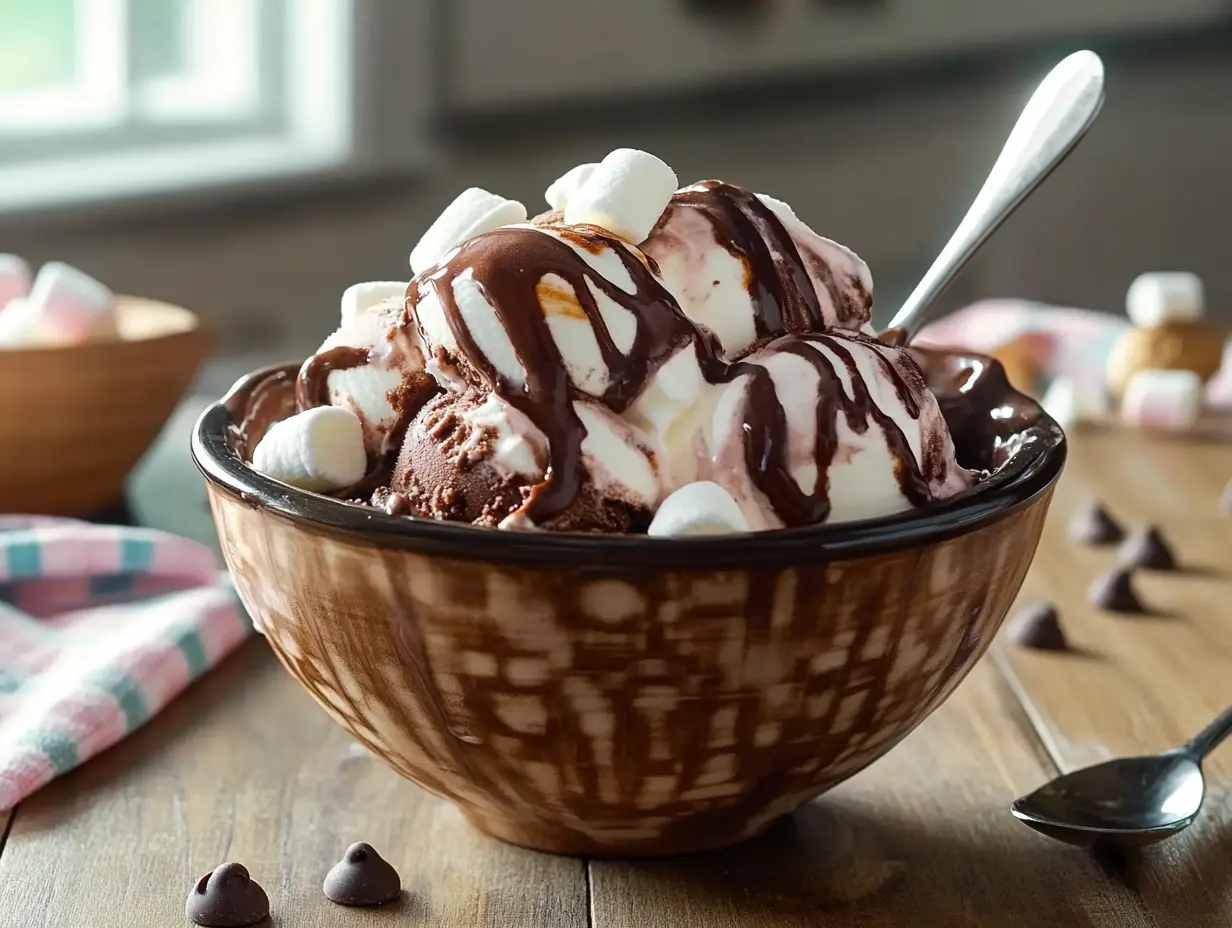 A bowl of homemade chocolate marshmallow ice cream with swirls of gooey marshmallow, placed on a rustic kitchen counter with natural lighting.