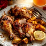 Crispy oven baked chicken legs on a parchment-lined baking sheet, garnished with fresh herbs.