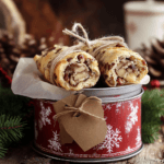 Italian Nut Roll Cookies with walnut filling and powdered sugar on a plate in a home kitchen